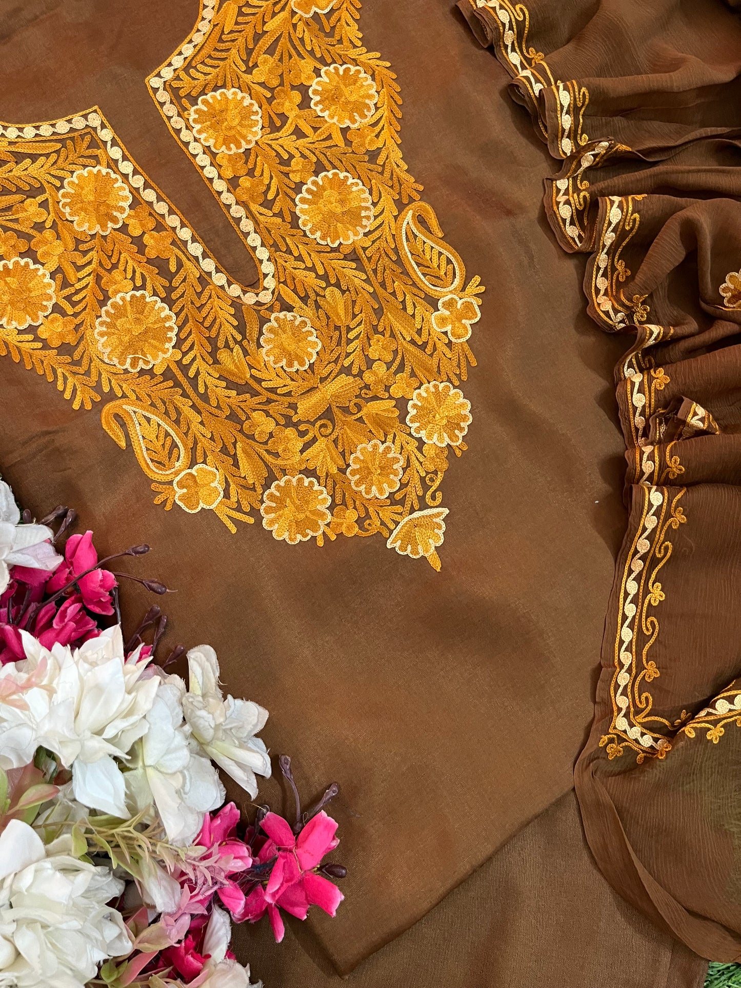 Soft Brown Opada Silk Kashmiri Suit
