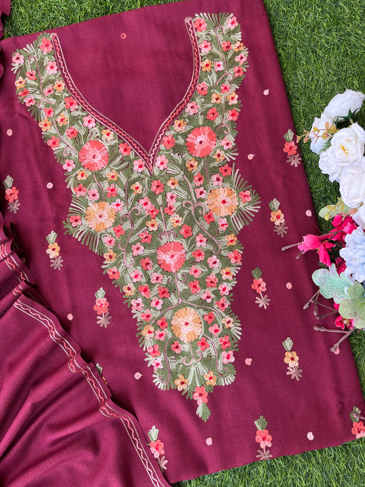 Maroon Woollen Aari Embroidered 3pc suit
