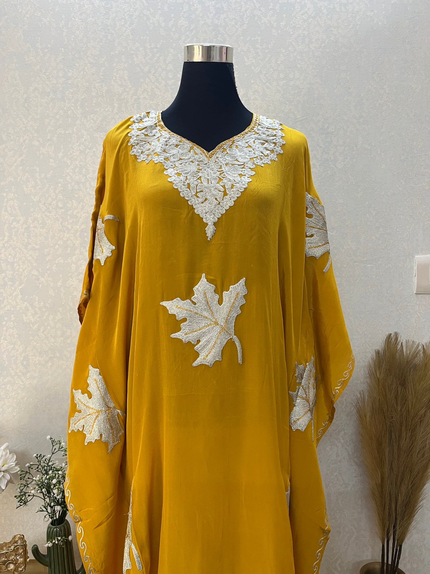 Yellow Crape Kashmiri Kaftan Set
