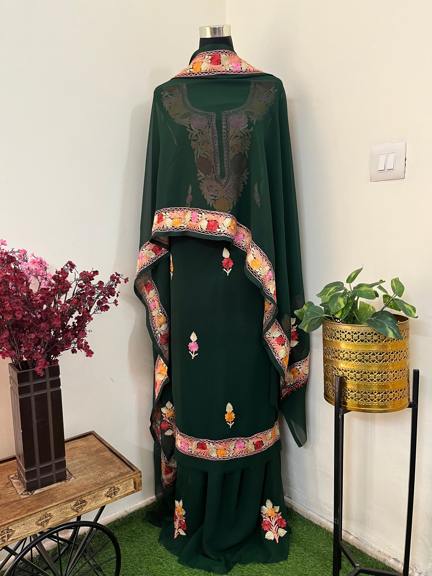 Bottle Green Georgette 3 Pc Aari Embroidered Suit Set