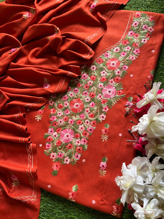 Rust Orange Woollen Aari Embroidered 3pc suit