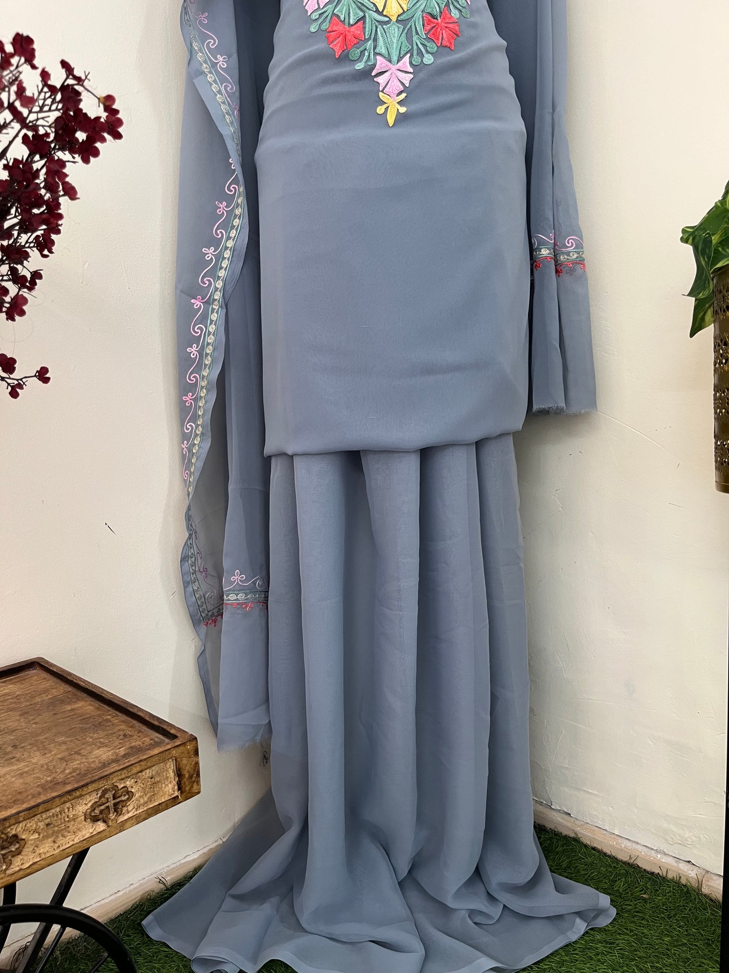 Steel Grey Georgette 3 Pc Aari Embroidered Suit Set