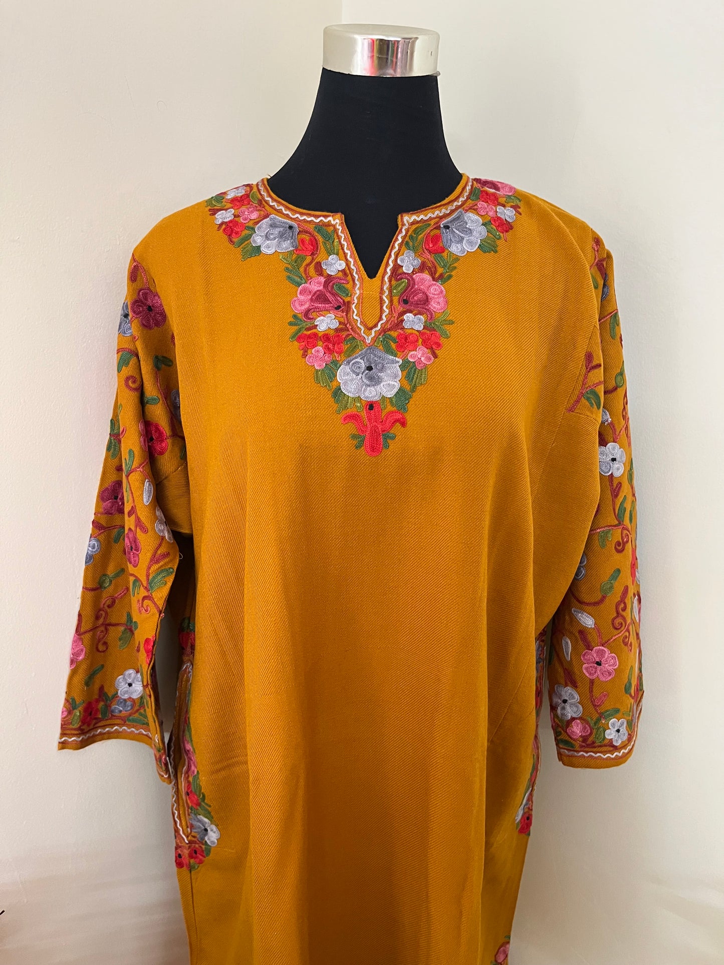 Mustard Aari Embroidered Wool Pheran