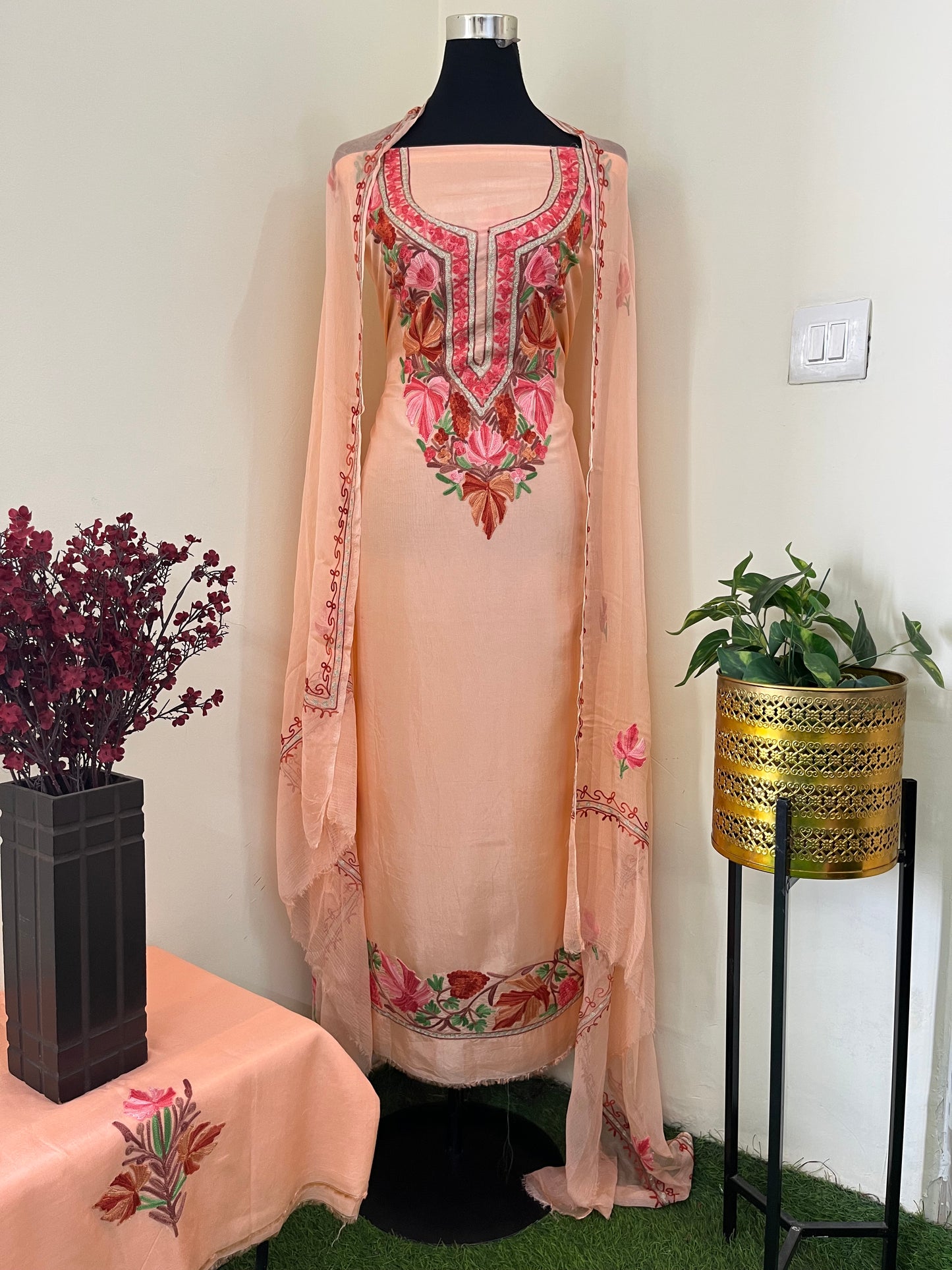 Peach Opada Silk Aari Embroidered Suit material