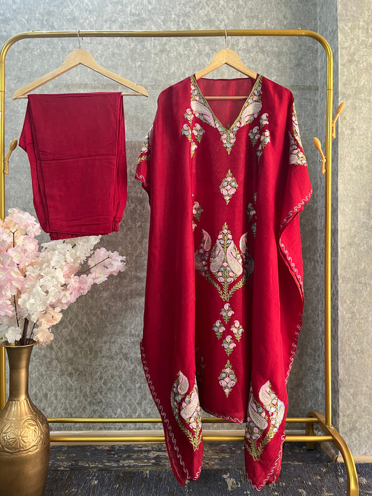 Maroon Opada Silk Kashmiri Kaftan Set