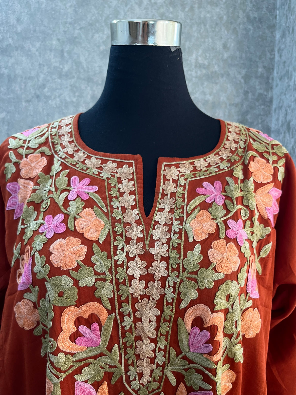 Brick Cotton Front Jaal Pheran Set  Size(44)