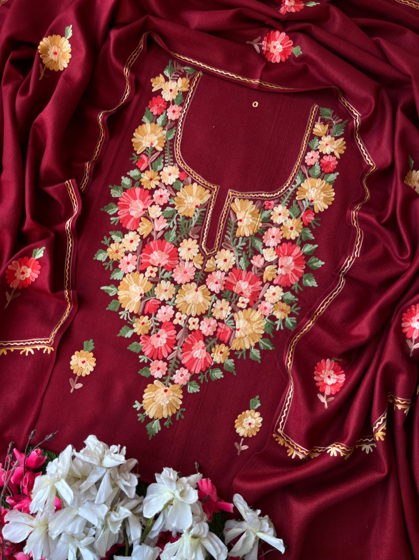 Maroon Woollen Aari Embroidered 3pc suit