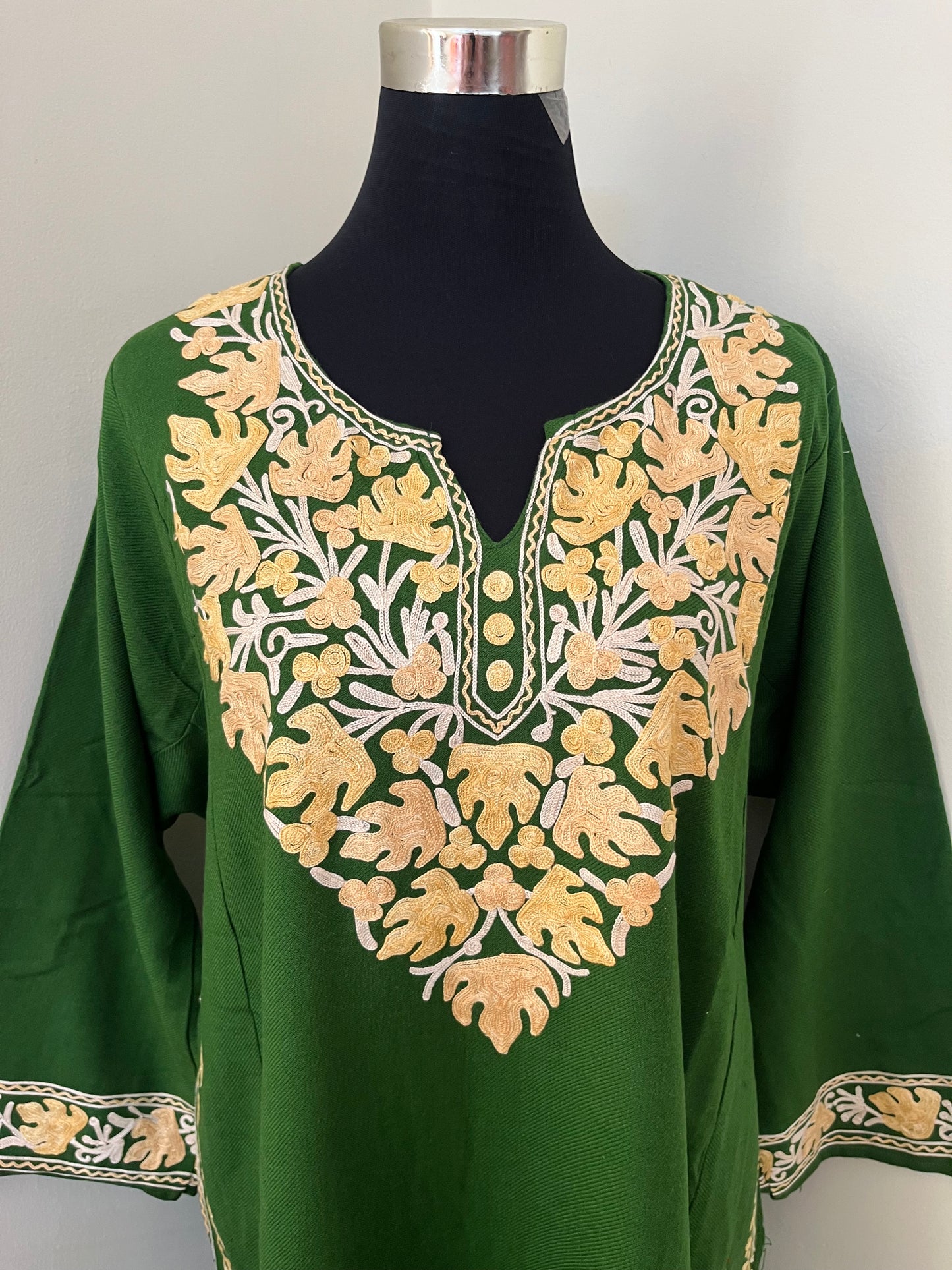 Henna Green Aari Embroidered Wool Pheran