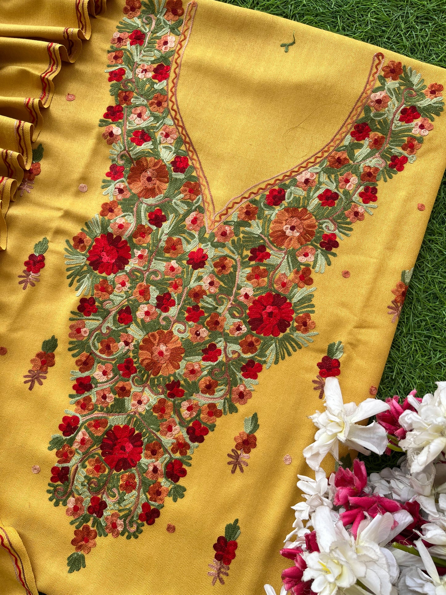 Yellow Woollen Aari Embroidered 3pc suit