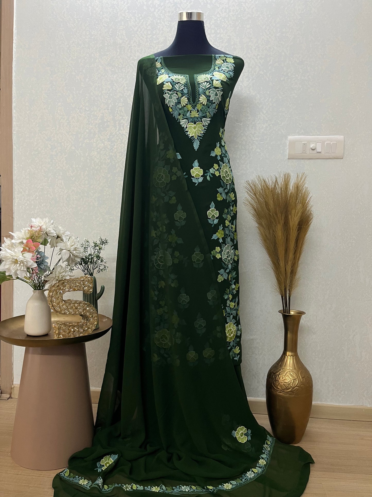 Green Georgette 3 Pc Kashmiri Suit