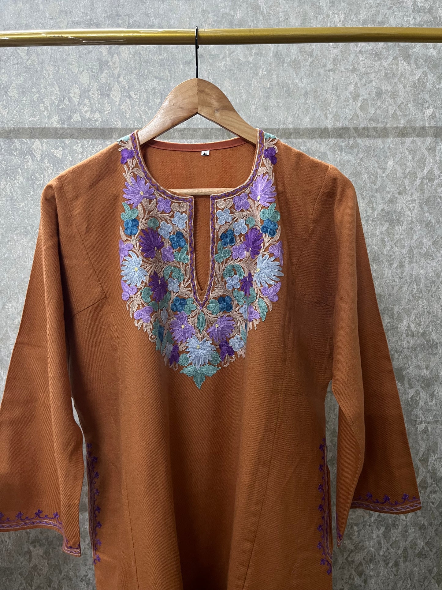 Brown Aari Embroidered Wool Pheran