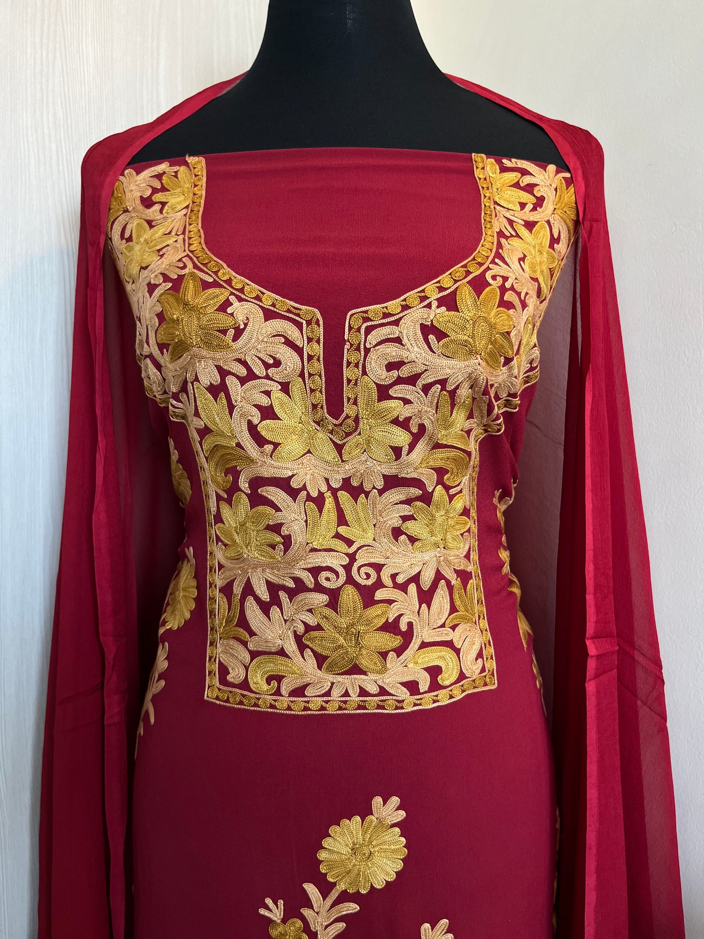 Maroon  Pure Georgette Tomato Red Aari Embroidered Suit