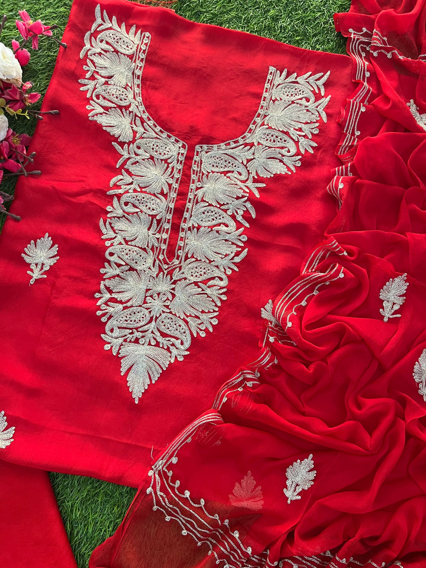 Red Silk Tilla Kashmiri Suit