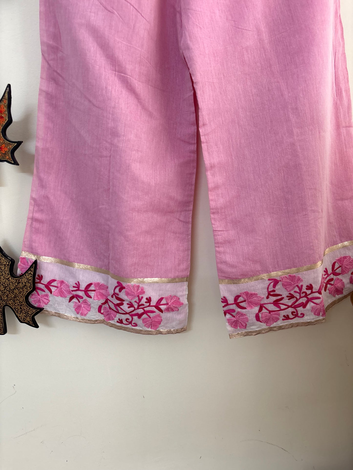 Women Pink Flared Aari Embroidered Palazzos