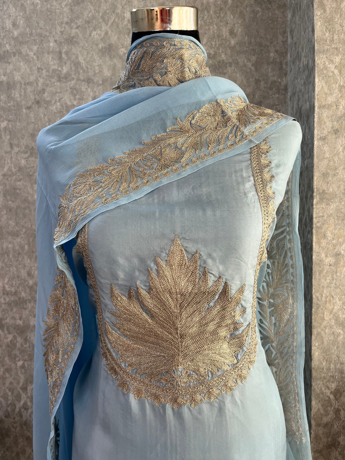 Ice Blue Sanam’ Tilla Kashmiri Silk Suit