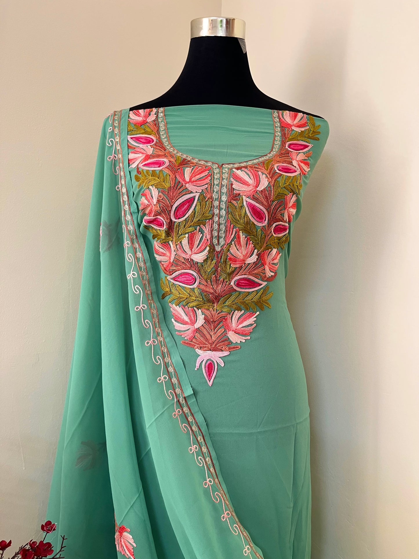 Green Georgette Shirt and Dupatta Aari Embroidered Suit