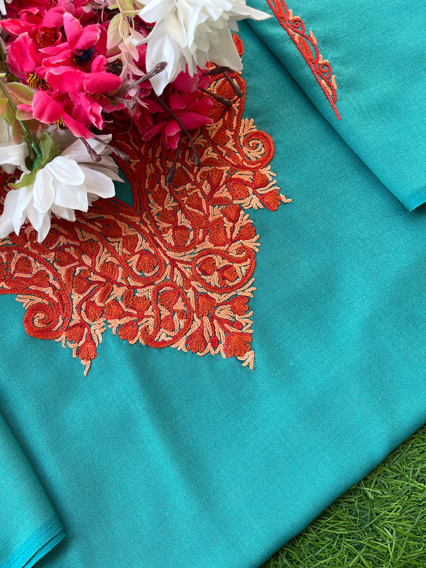 Green Cotton Two Piece Suit (Hand Embroidered)