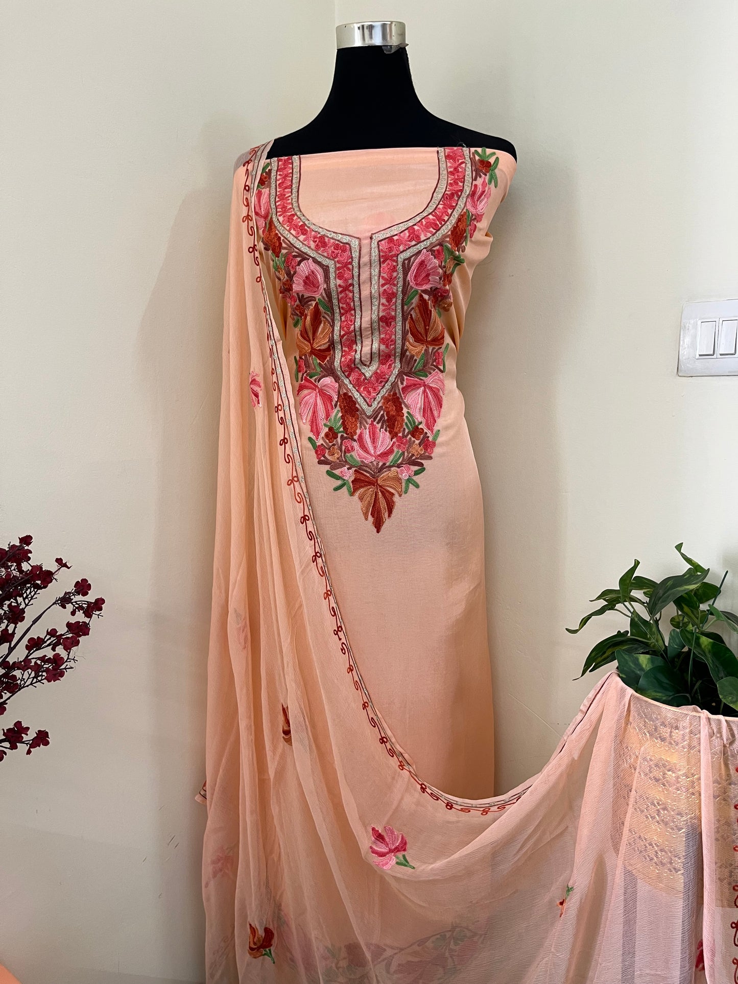 Peach Opada Silk Aari Embroidered Suit material