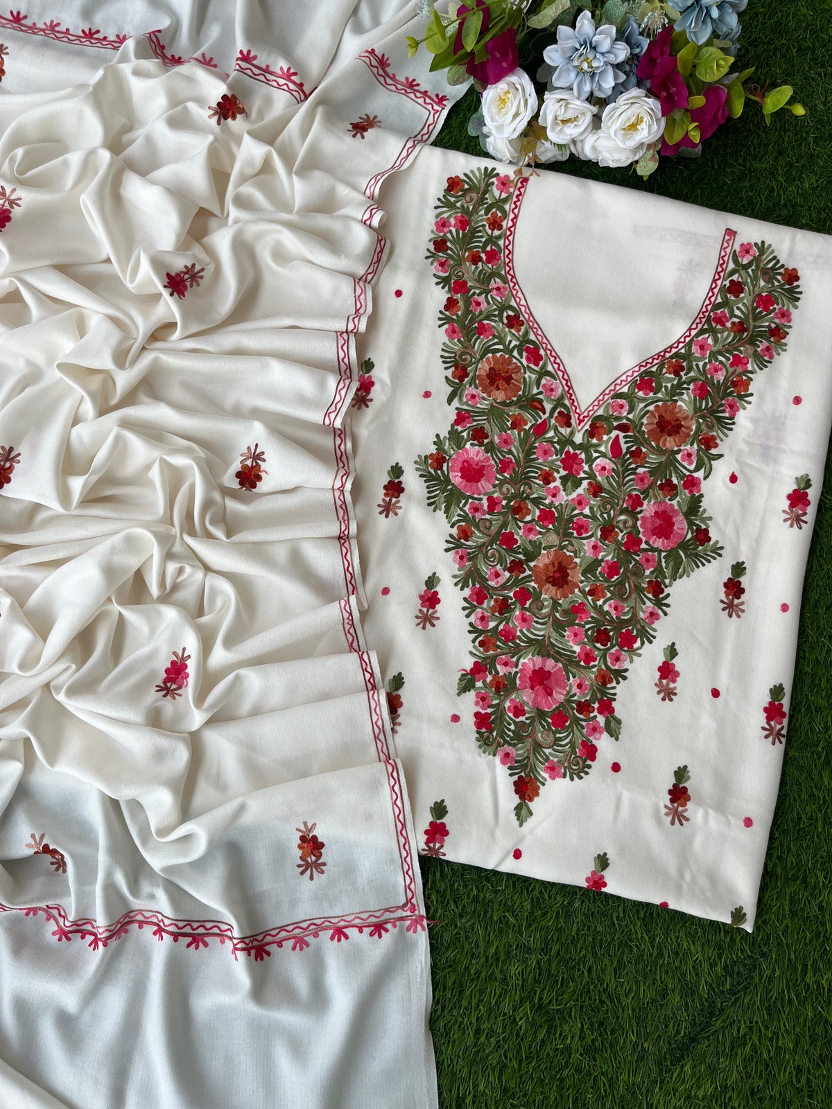 Off White Woollen Aari Embroidered 3pc suit