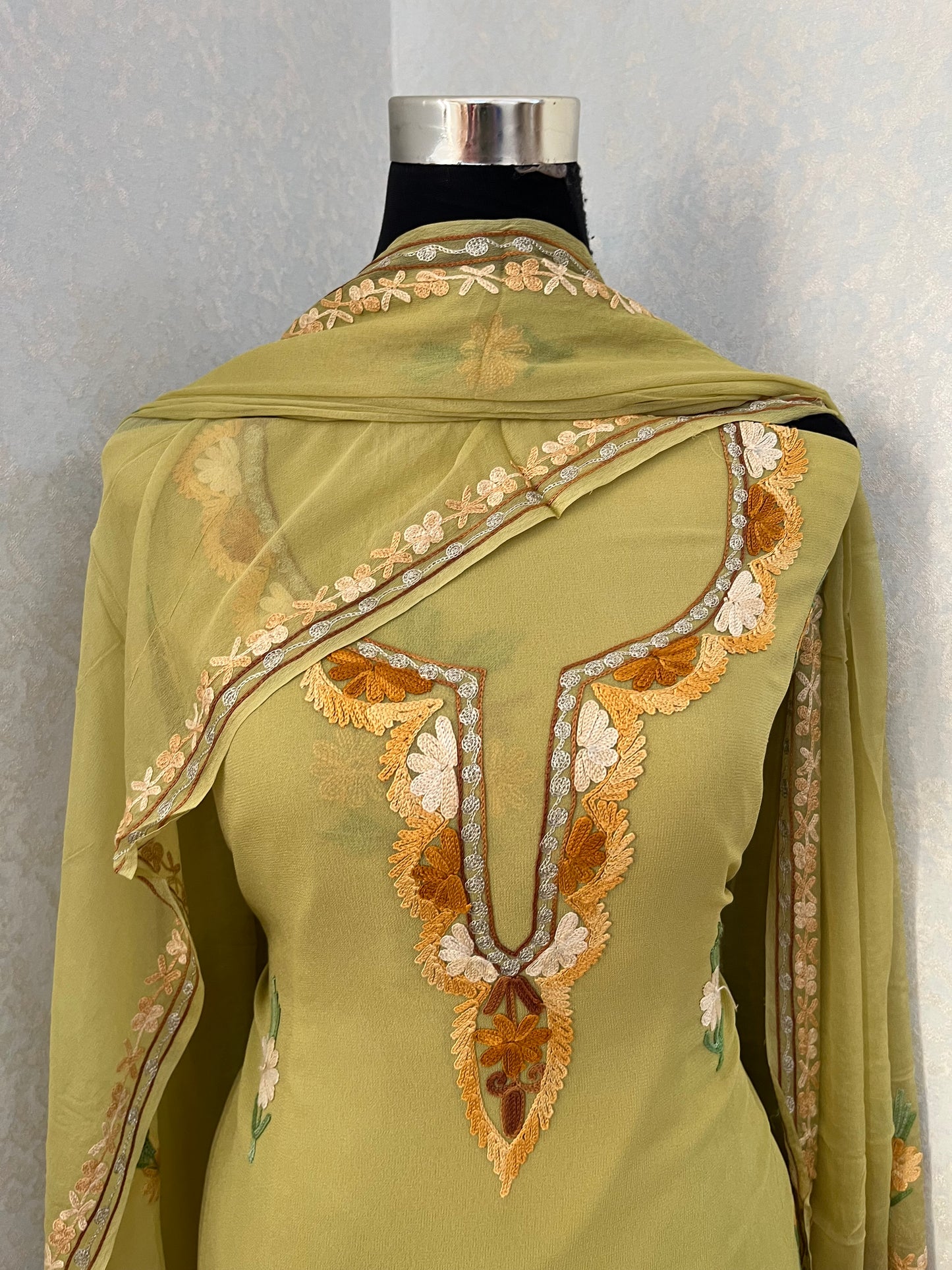 Lemon Green  Pure Georgette Aari Embroidered Suit