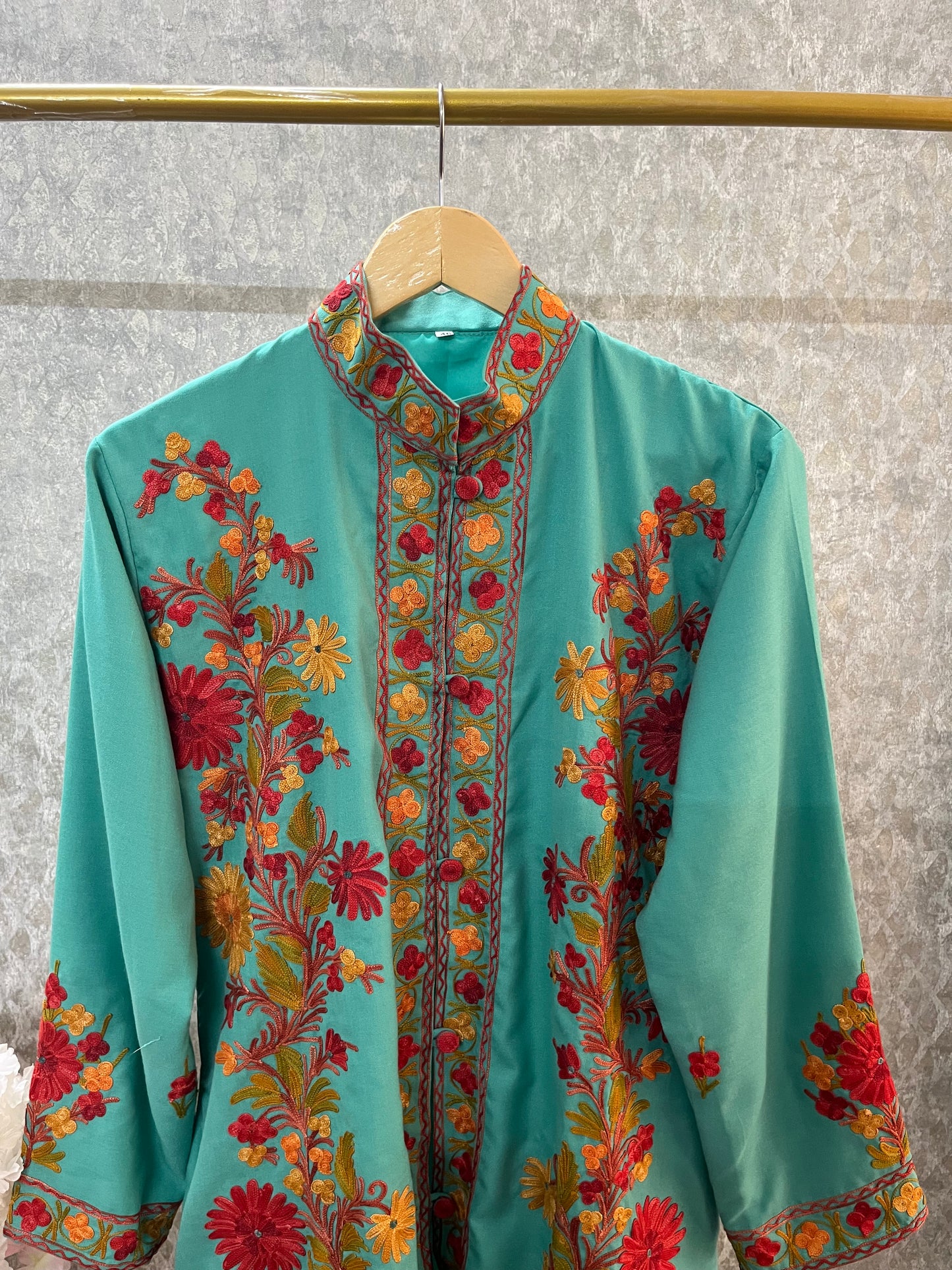 Sea Green Cotton Aari Work Jacket
