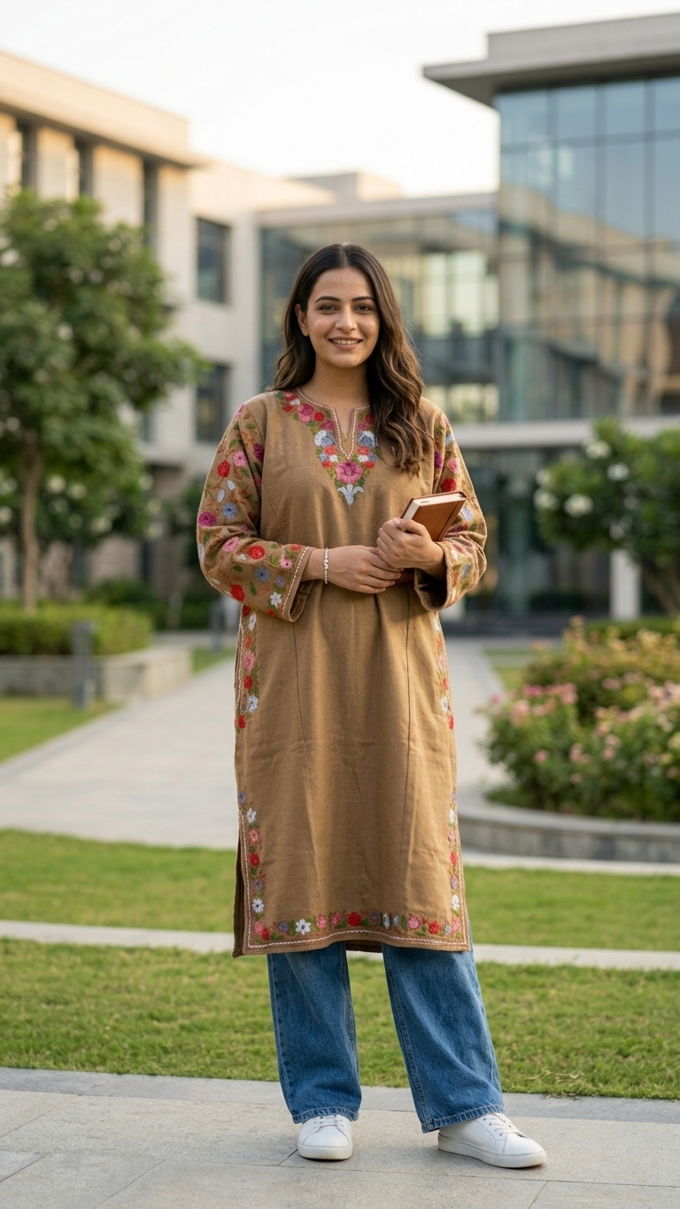 Beige Aari Embroidered Wool Pheran