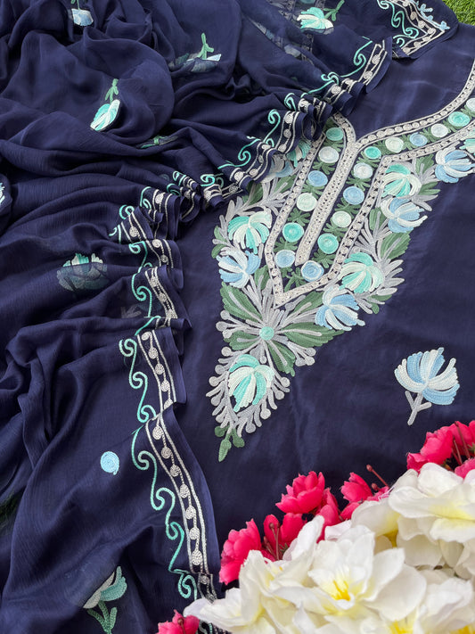 Blue Opada Silk Aari Embroidered Suit material