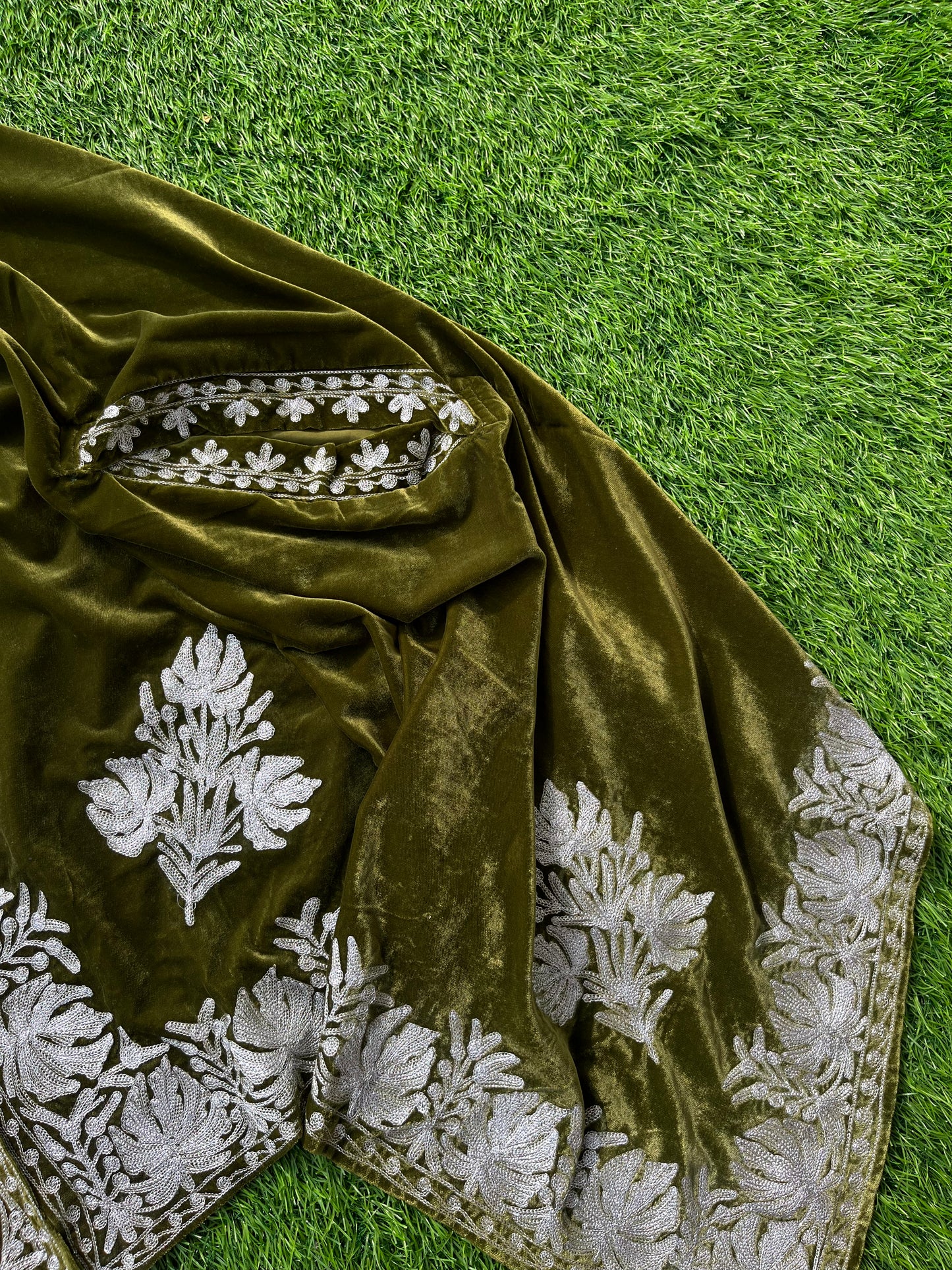 Henna Green Tilla Embroidered Velvet Cape