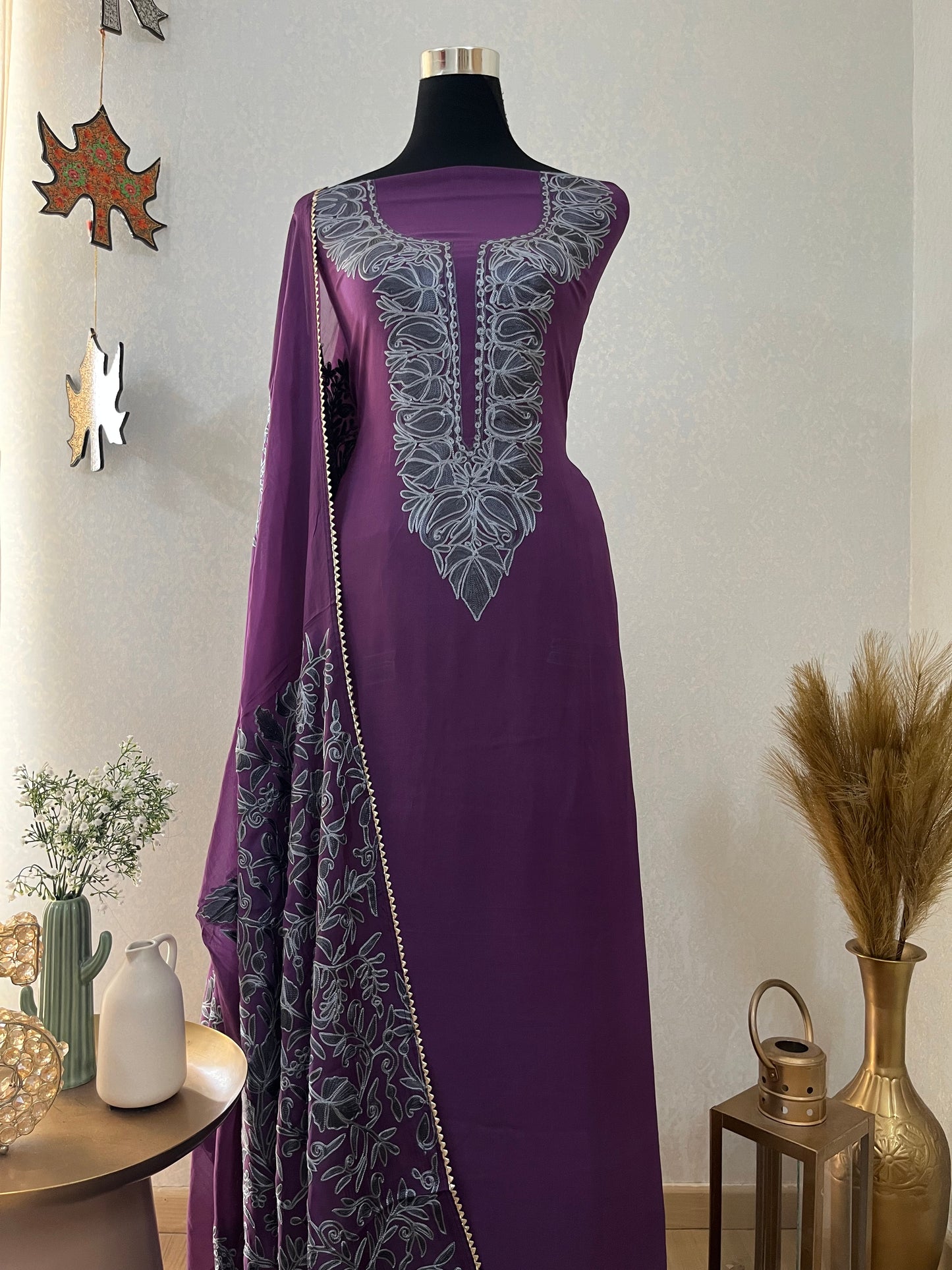 Purple Pure Georgette 3 Pc Heavy Kashmiri Suit