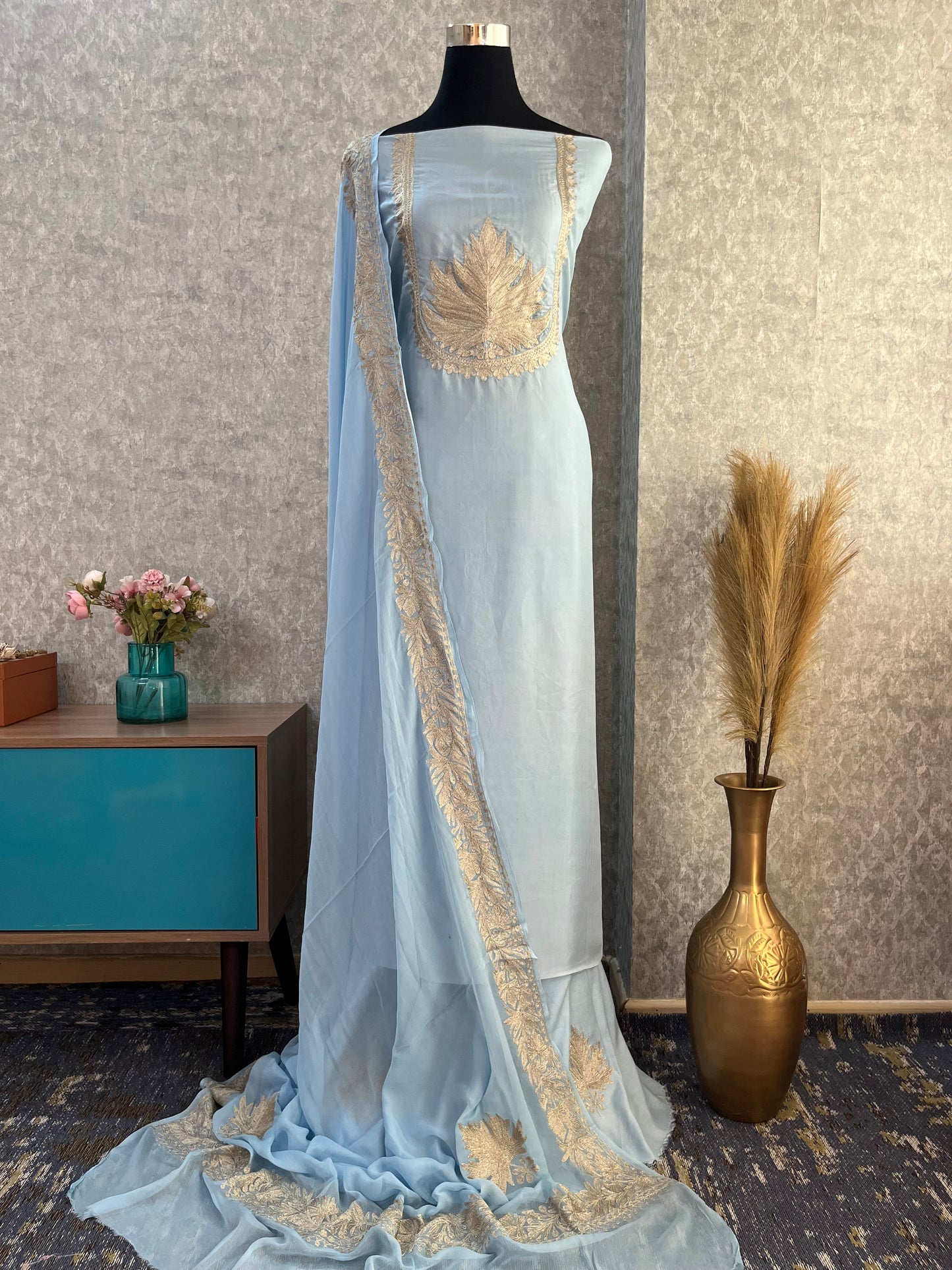 Ice Blue Sanam’ Tilla Kashmiri Silk Suit