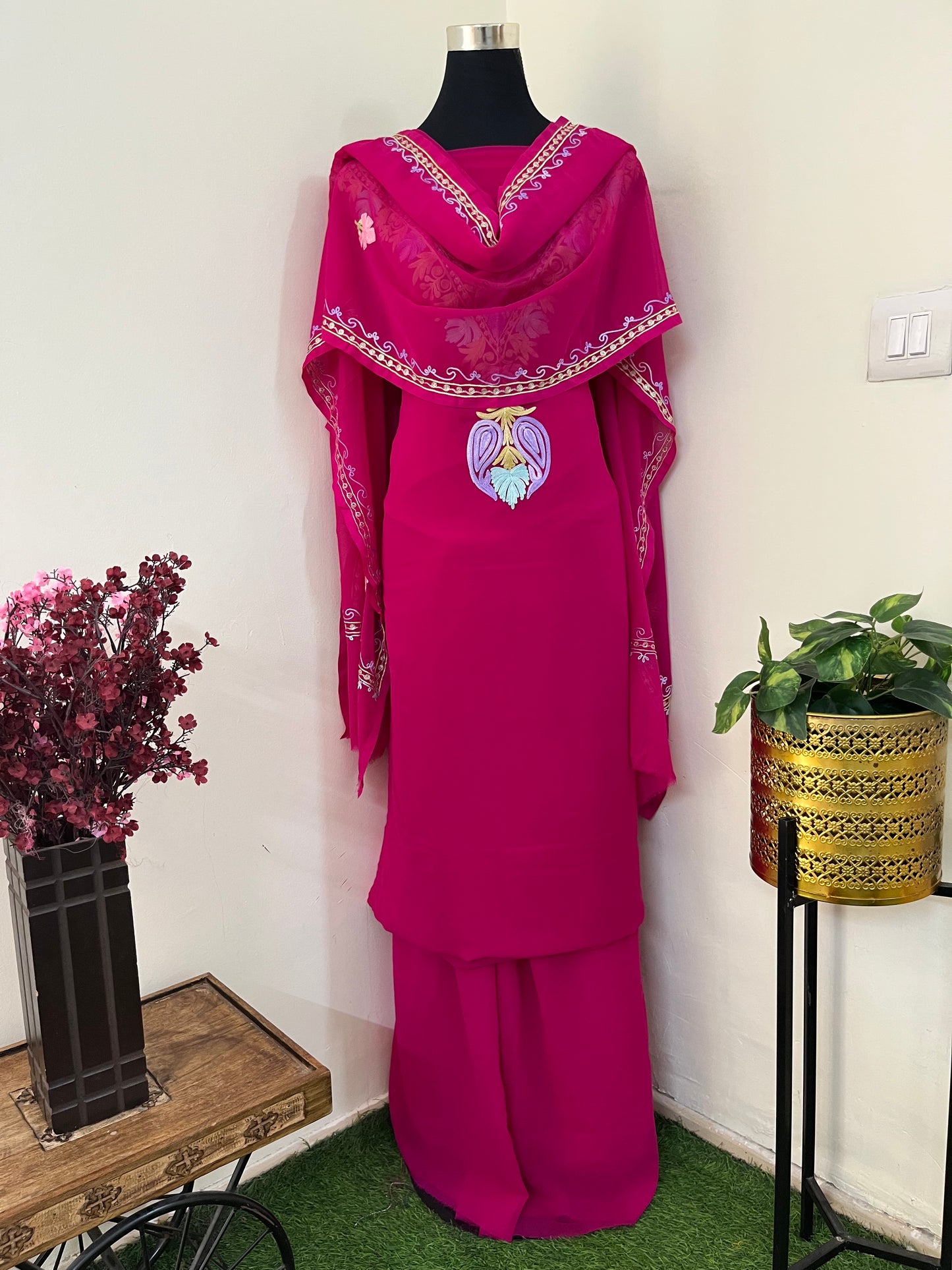 Hot Pink Georgette 3 Pc Aari Embroidered Suit Set