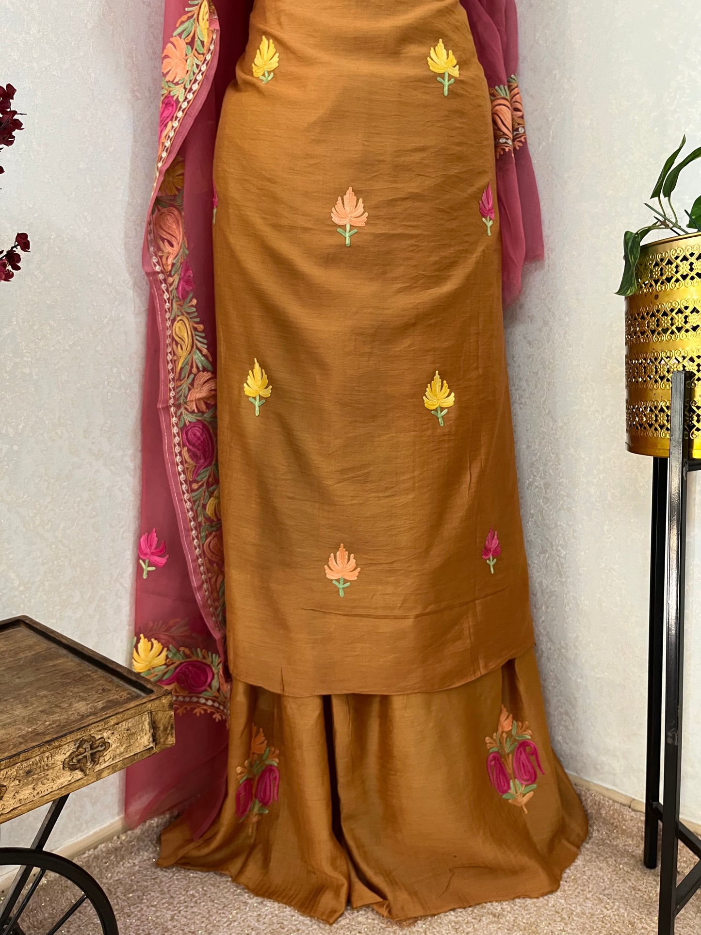 Soft Brown Chanderi Silk Kashmiri Suit