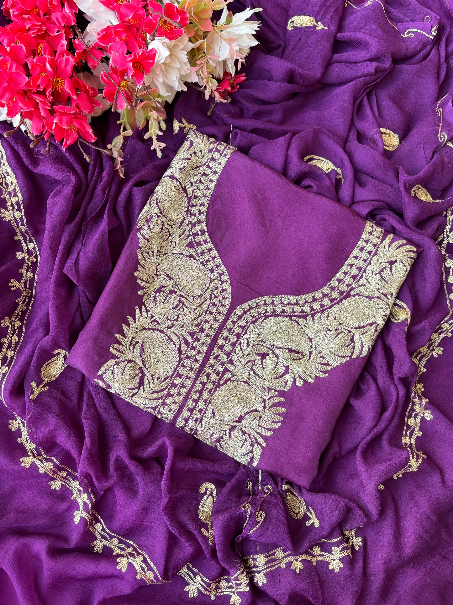 Wine Silk Tilla Kashmiri Suit
