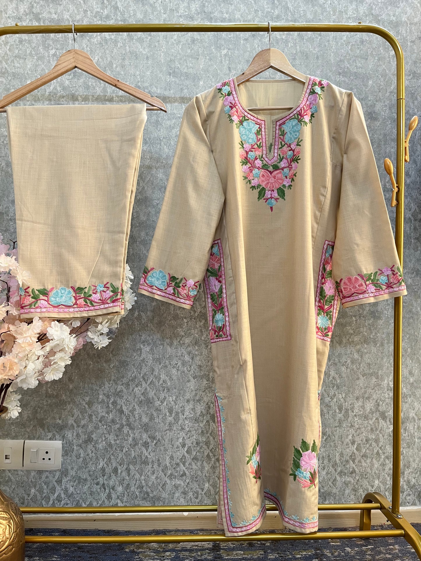 Beige Cotton Pheran Set