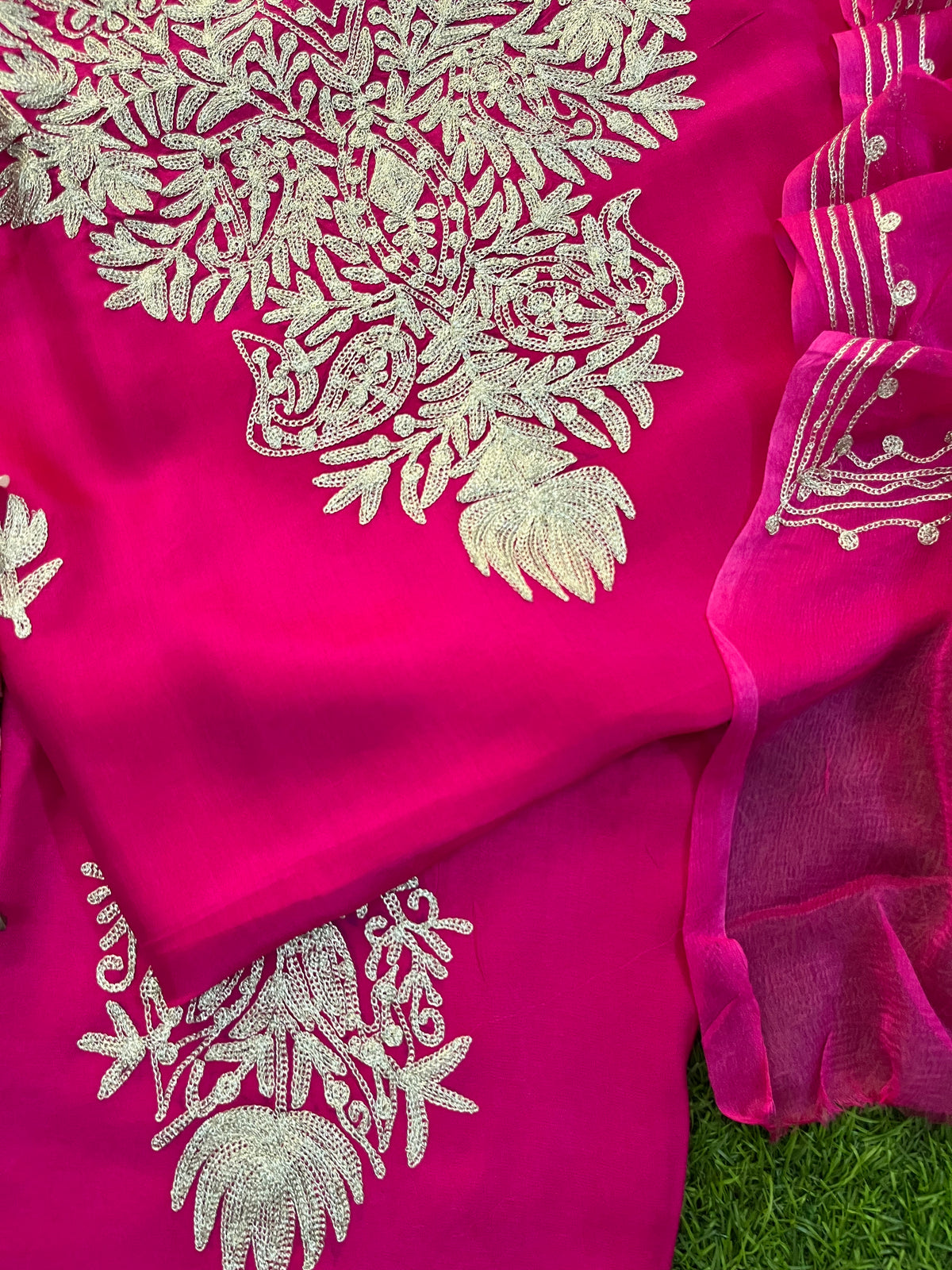 Hot Pink Silk Tilla Kashmiri Suit