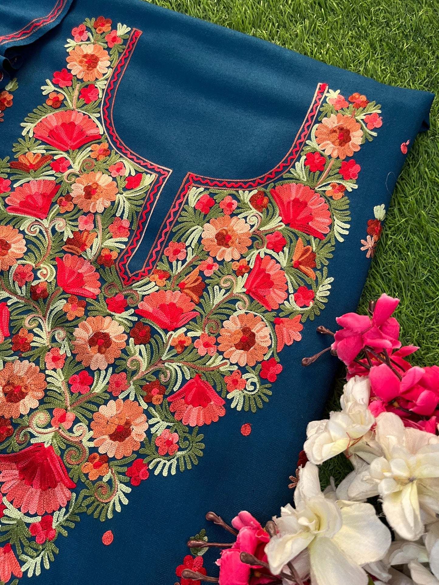 Peacock Blue Woollen Aari Embroidered 3pc suit