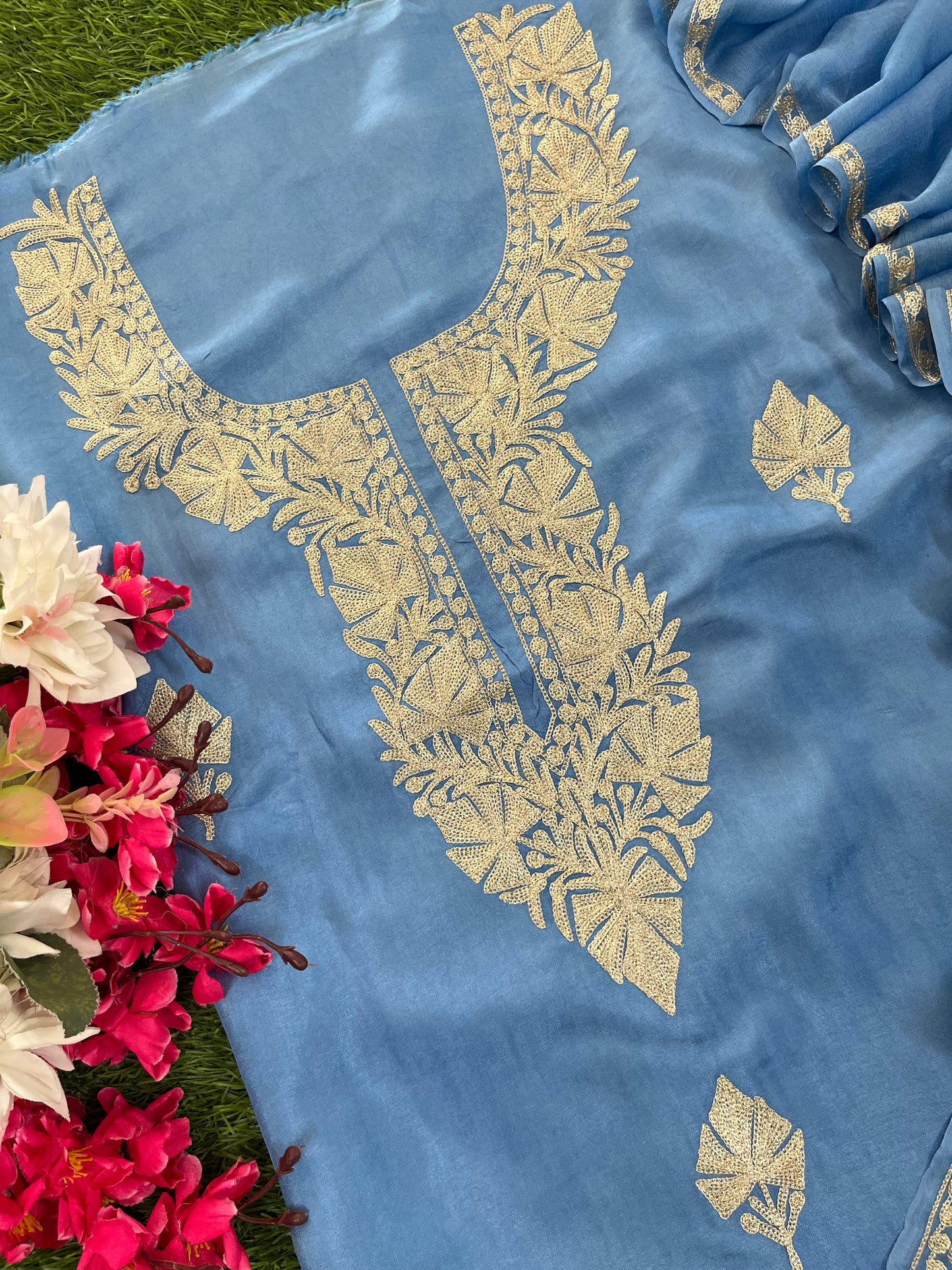 Soft Blue Silk Tilla Kashmiri Suit