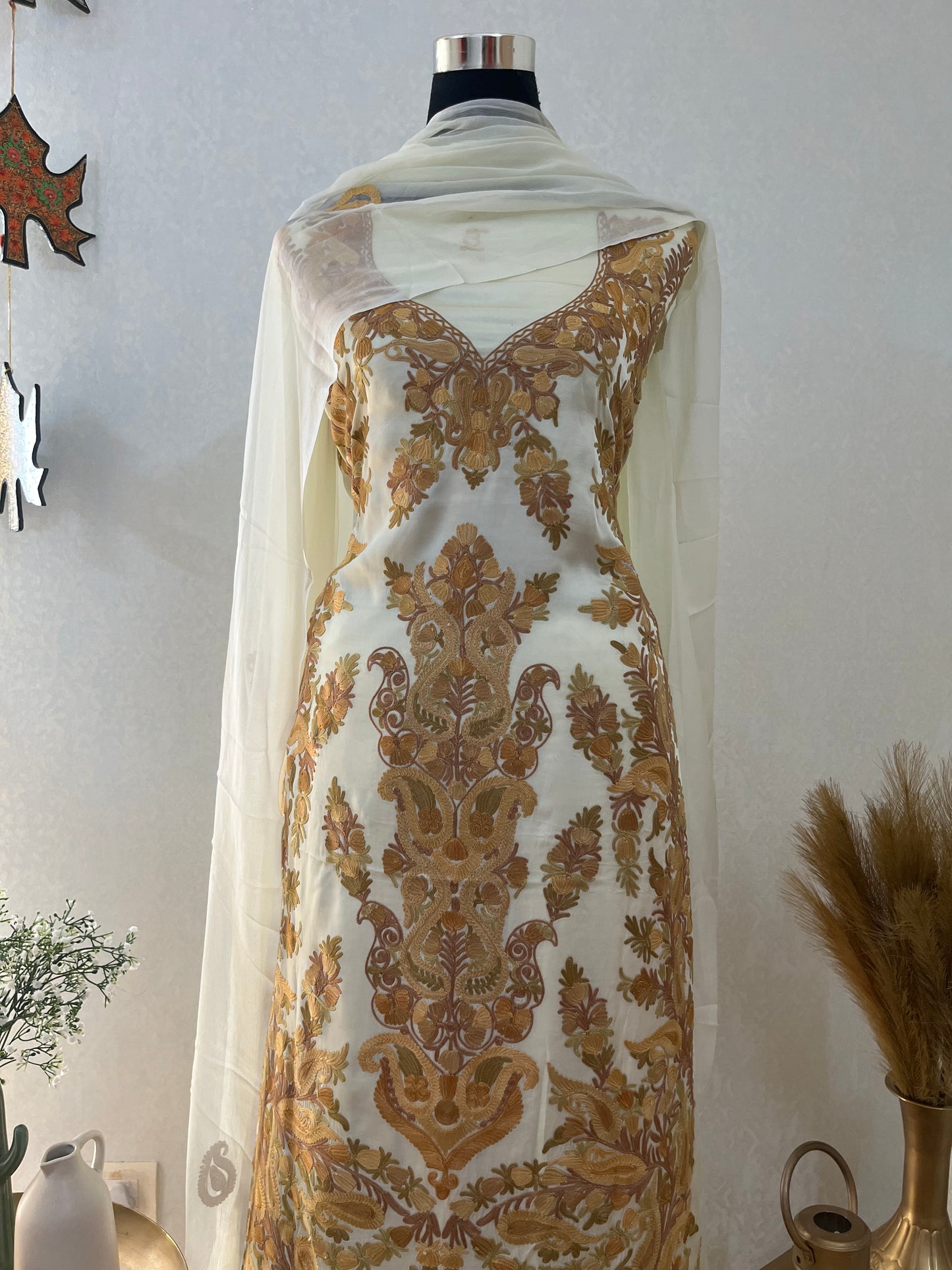 Ivory Satin Cotton Kashmiri Suit