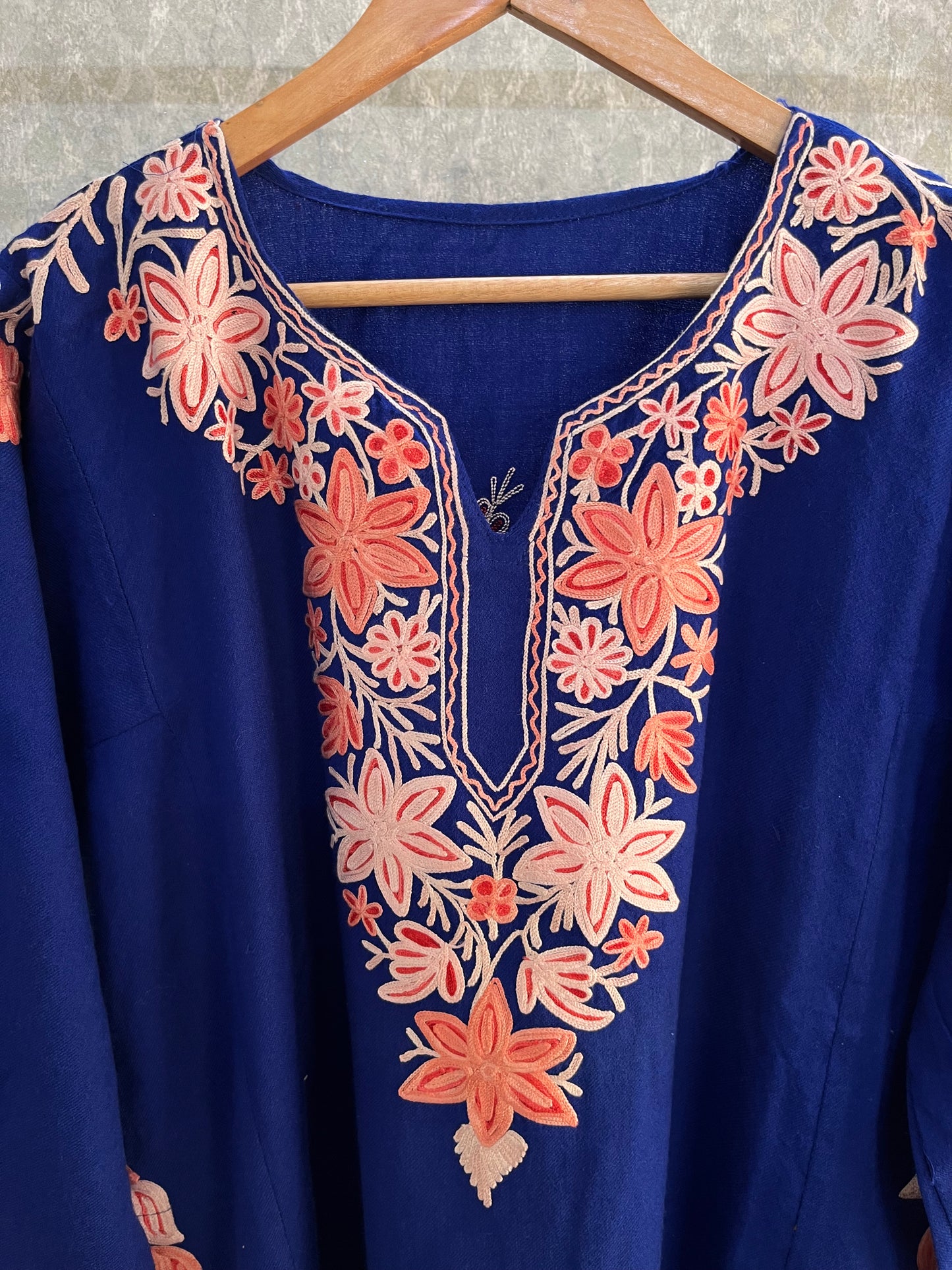Royal Blue Aari Embroidered Wool Pheran
