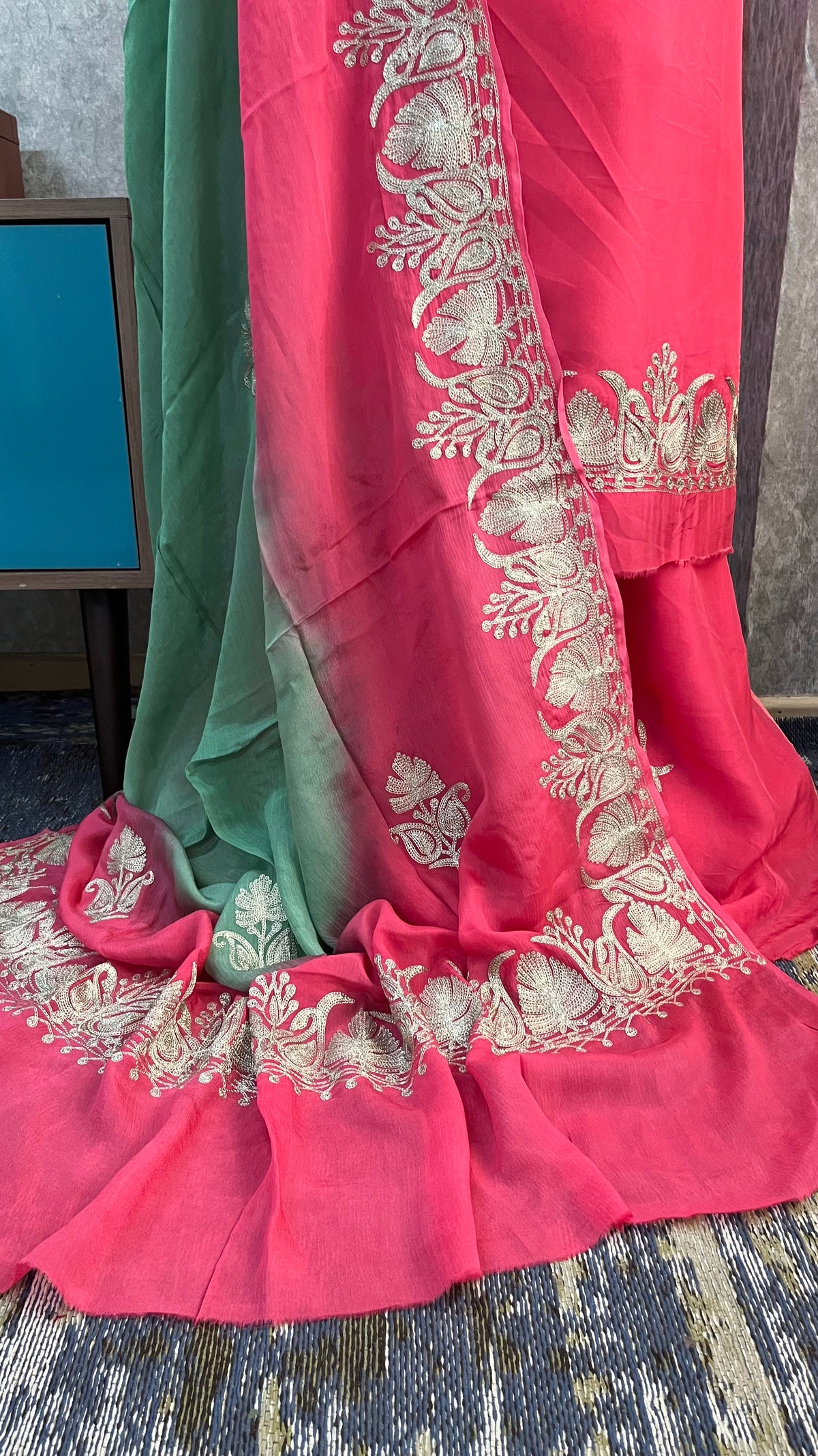 Carrot Pink Sanam Silk Kashmiri Suit