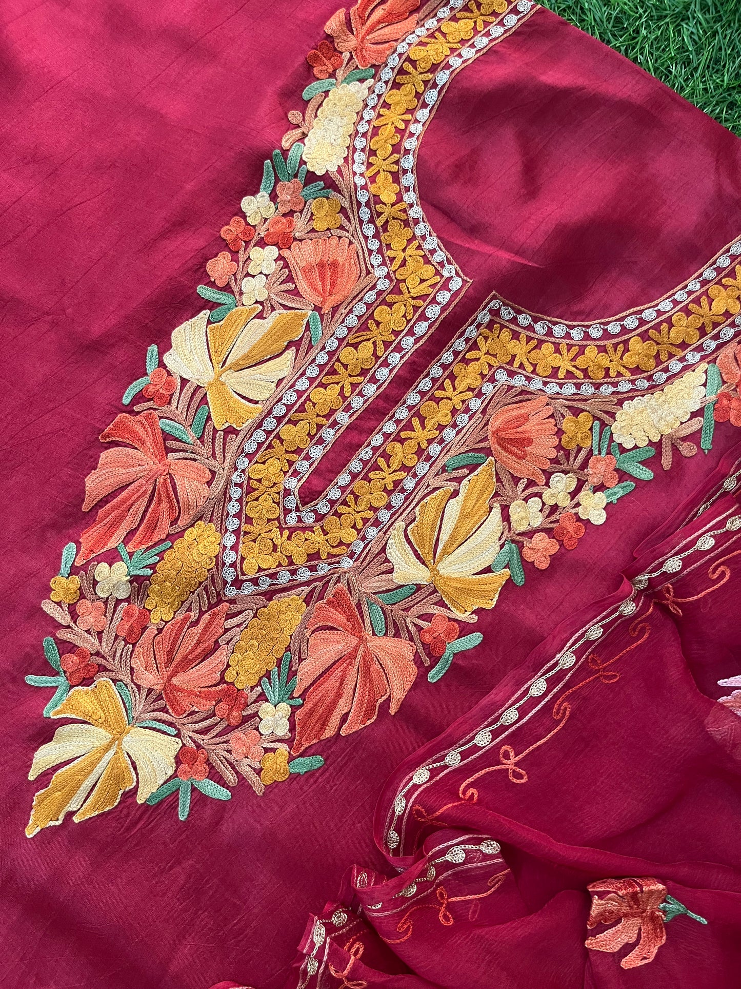 Maroon Opada Silk Aari Embroidered Suit material