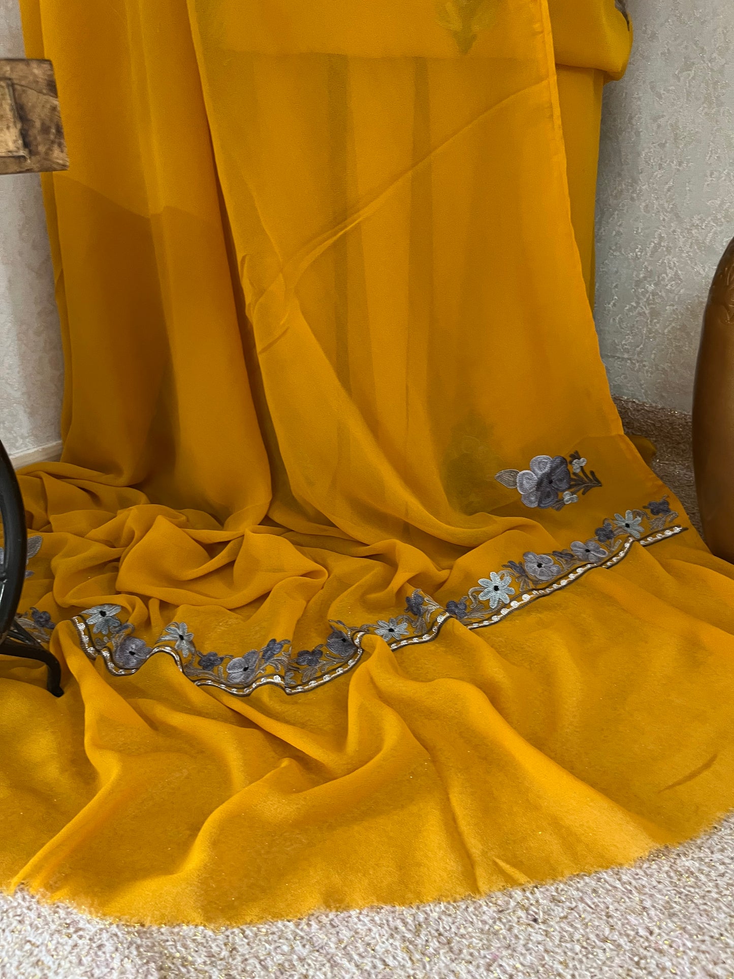 Mustard Yellow Georgette 3Pc Kashmiri Suit