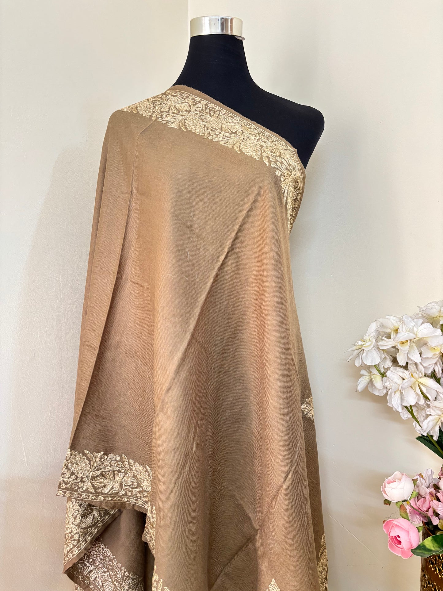 Beige Fine Semi Pashmina Tilla Embroidered stole