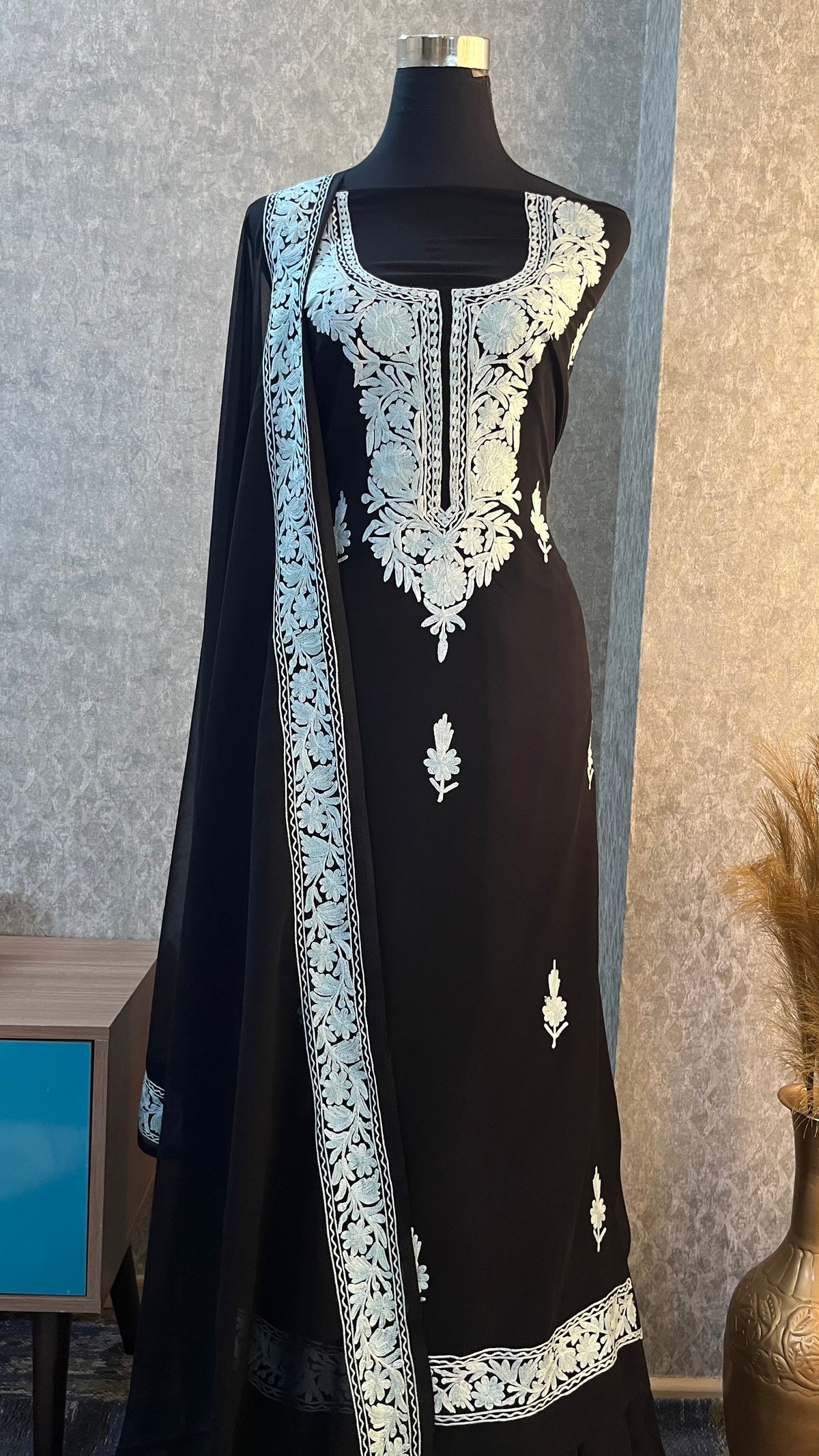 Georgette Black 3 Pc Kashmiri Suit