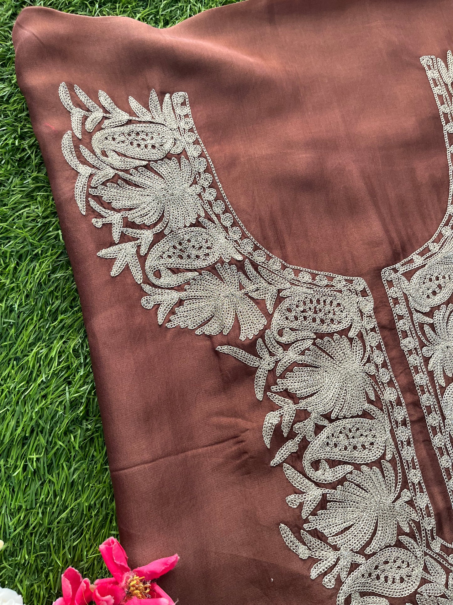 Coffee Brown Silk Tilla Kashmiri Suit