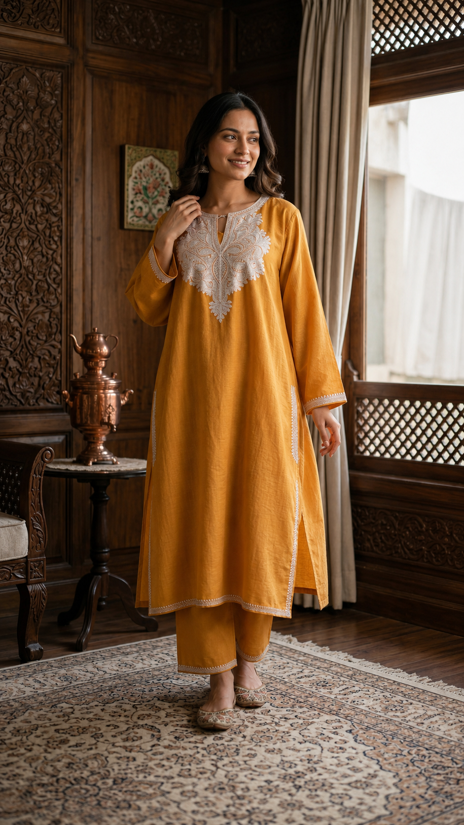 Mustard Cotton Kashmiri Pheran Set (Upto 46)