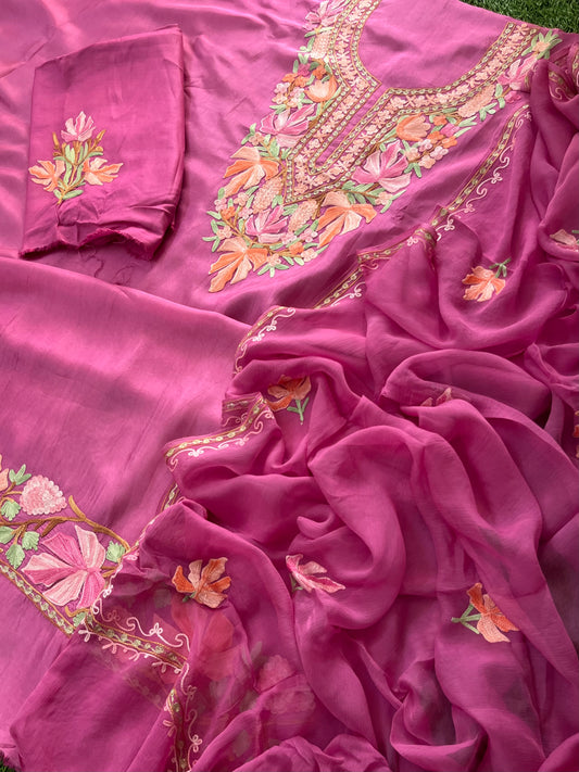 Mauve Opada Silk Aari Embroidered Suit material