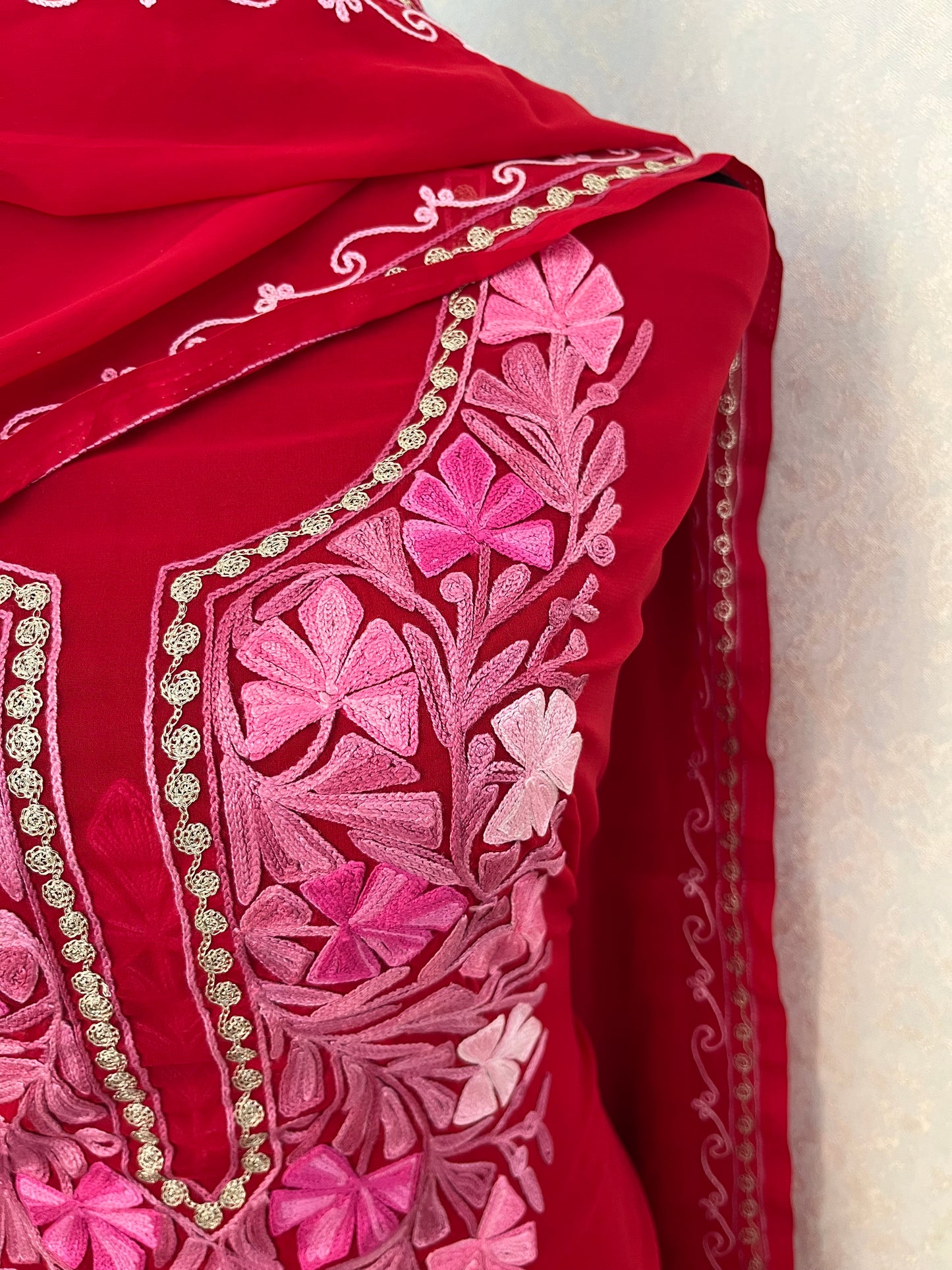 Red Georgette 3 Pc Aari Embroidered Suit Set