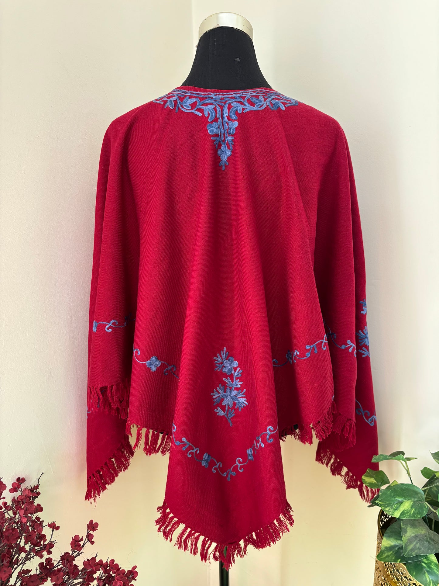 Maroon Aari Embroidered Wool Poncho