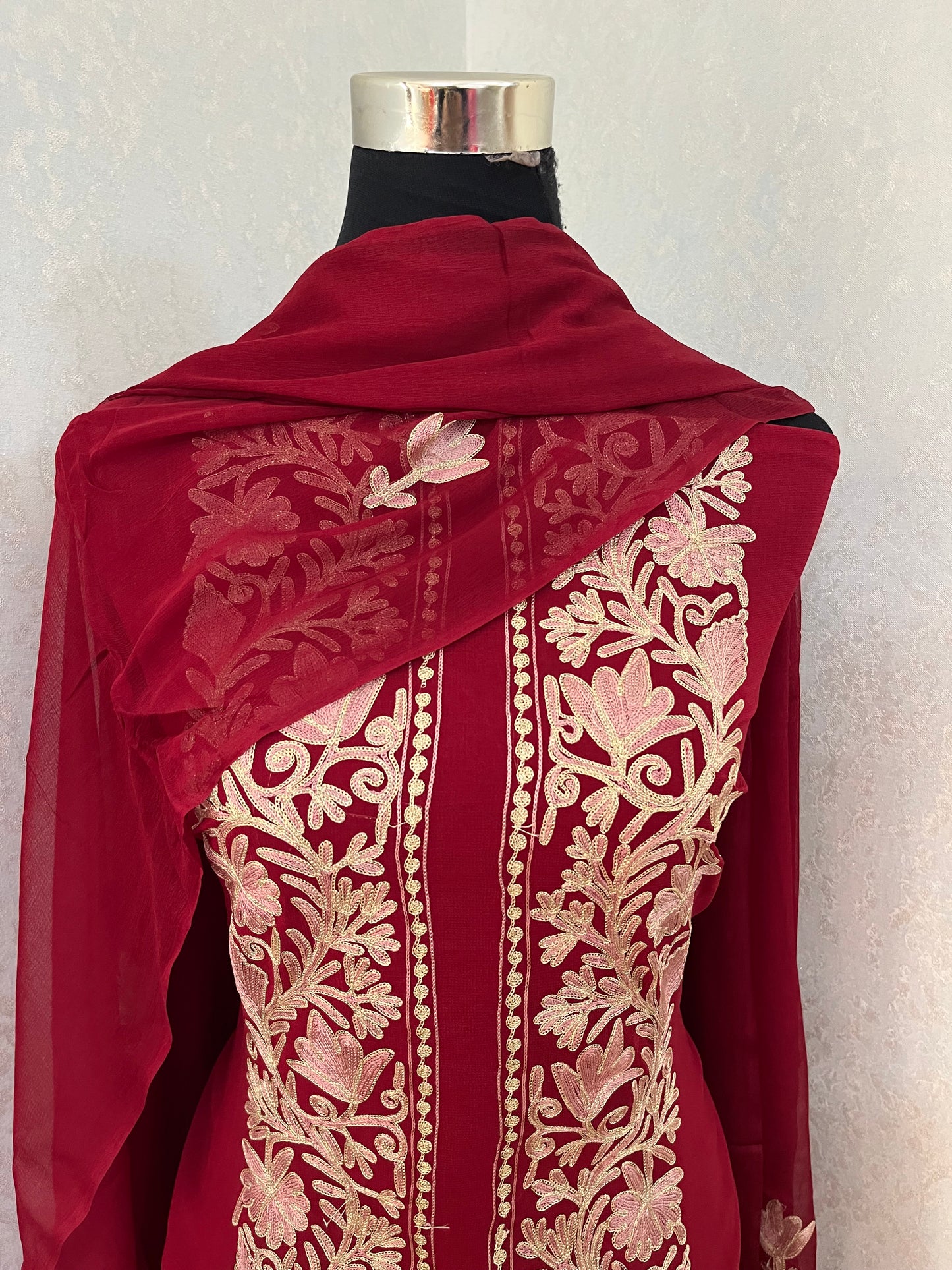 Maroon Pure Georgette Achkan Kashmiri Suit